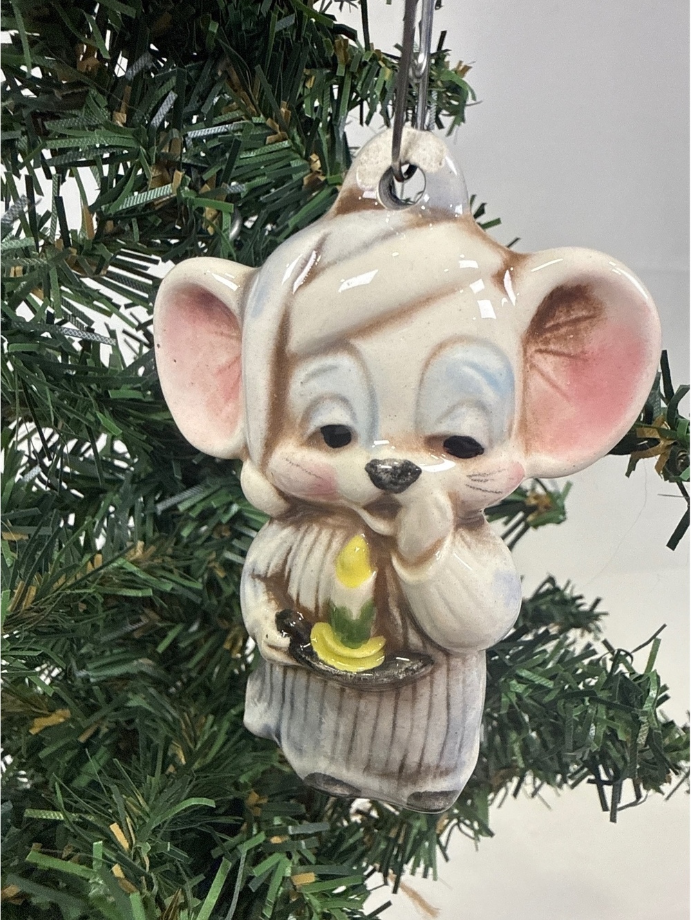 Vintage Ceramic Mouse Christmas Ornament with Candle
